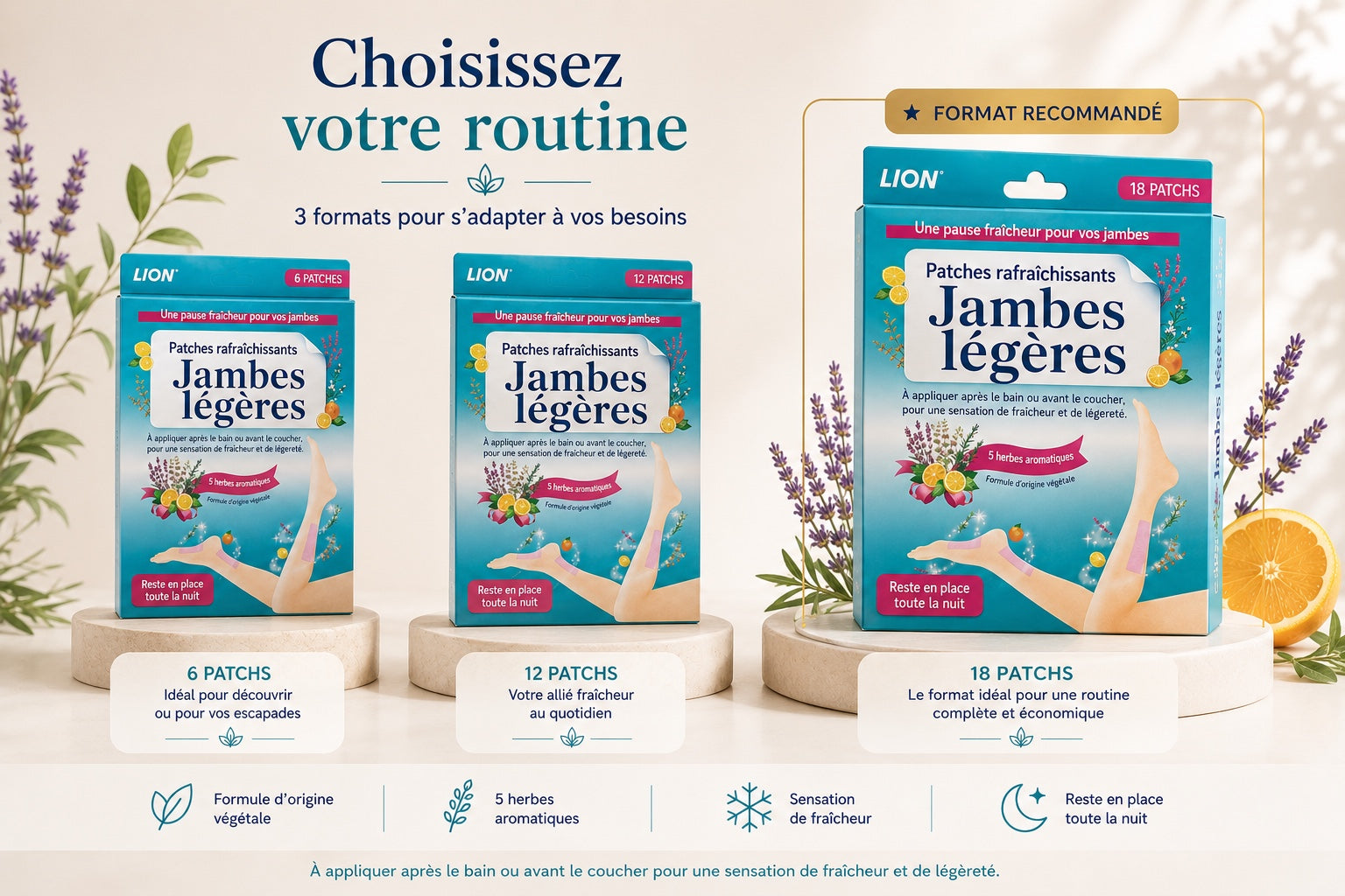 Formats de 6, 12 et 18 patchs rafraîchissants LION
